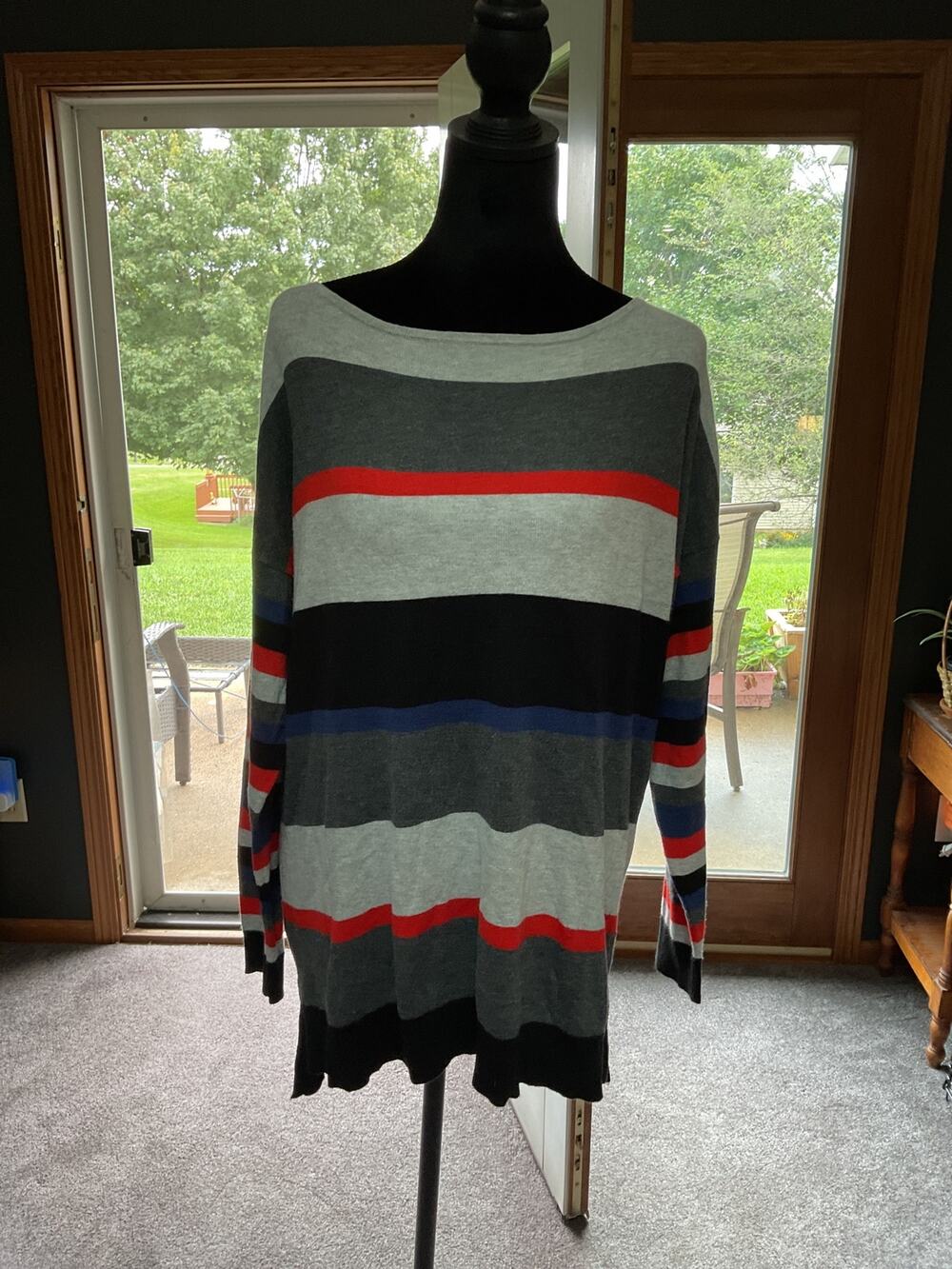 Chaus NY Gray Orange Striped Knit Sweater Pullover Women's Size L Careerwear